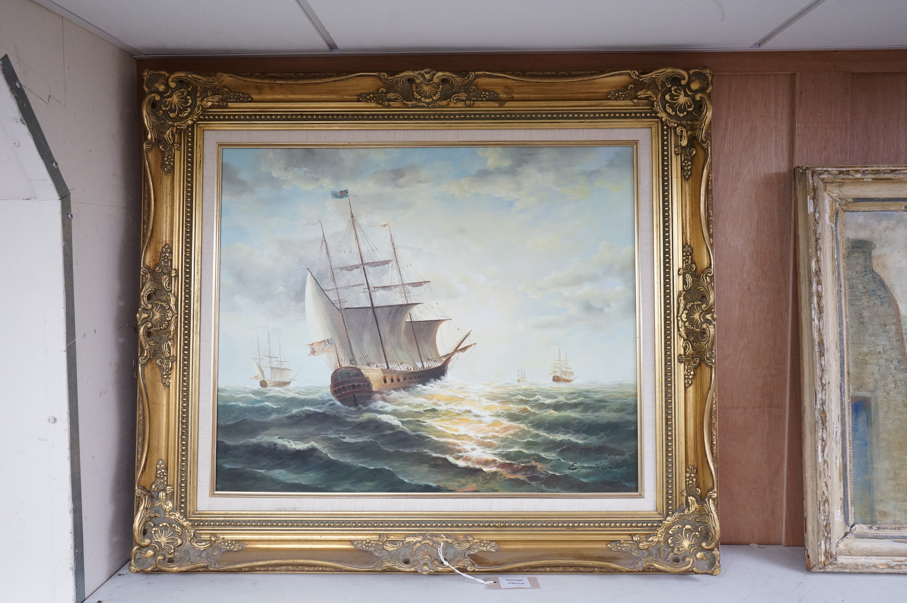 Ernest Ponthier (French, 1862-1931), oil on canvas, 'Three-masted sailing vessel at sea', signed, 49 x 59cm, ornate gilt frame.